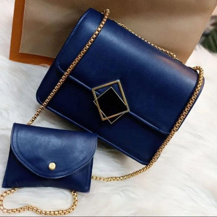 2pcs leather handbag with long golden chain for girls