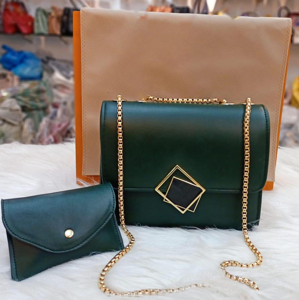 2 pcs leather handbag with long golden chain for girls