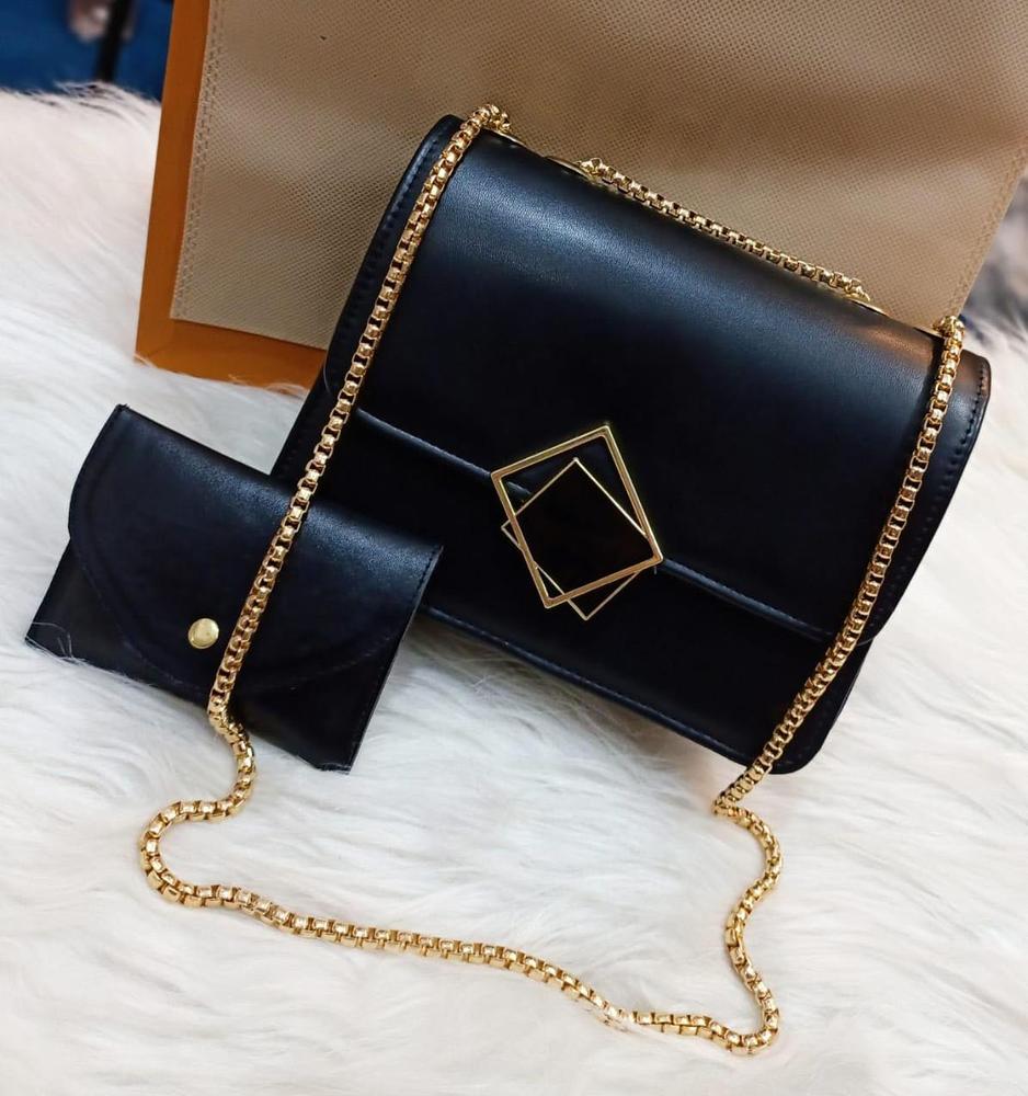 2 pcs leather handbag with long golden chain for girls