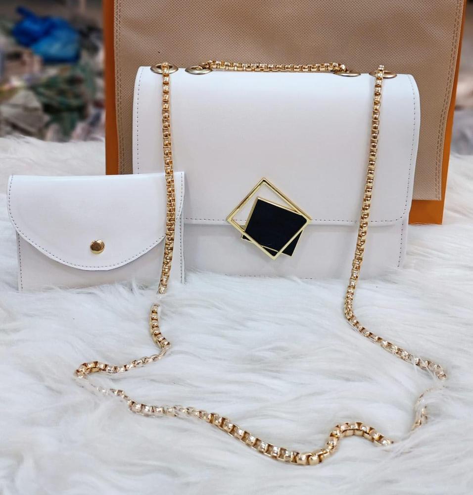 2pcs leather handbag with long golden chain for girls