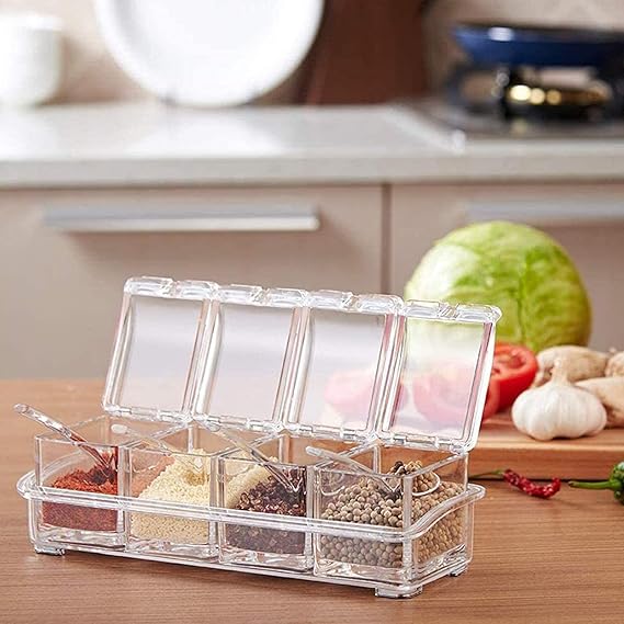 4 In1 Clear Seasoning Box Crystal Seasoning Storage Container With Spoon Clear Seasoning Rack Spice Pots For Pepper Spice