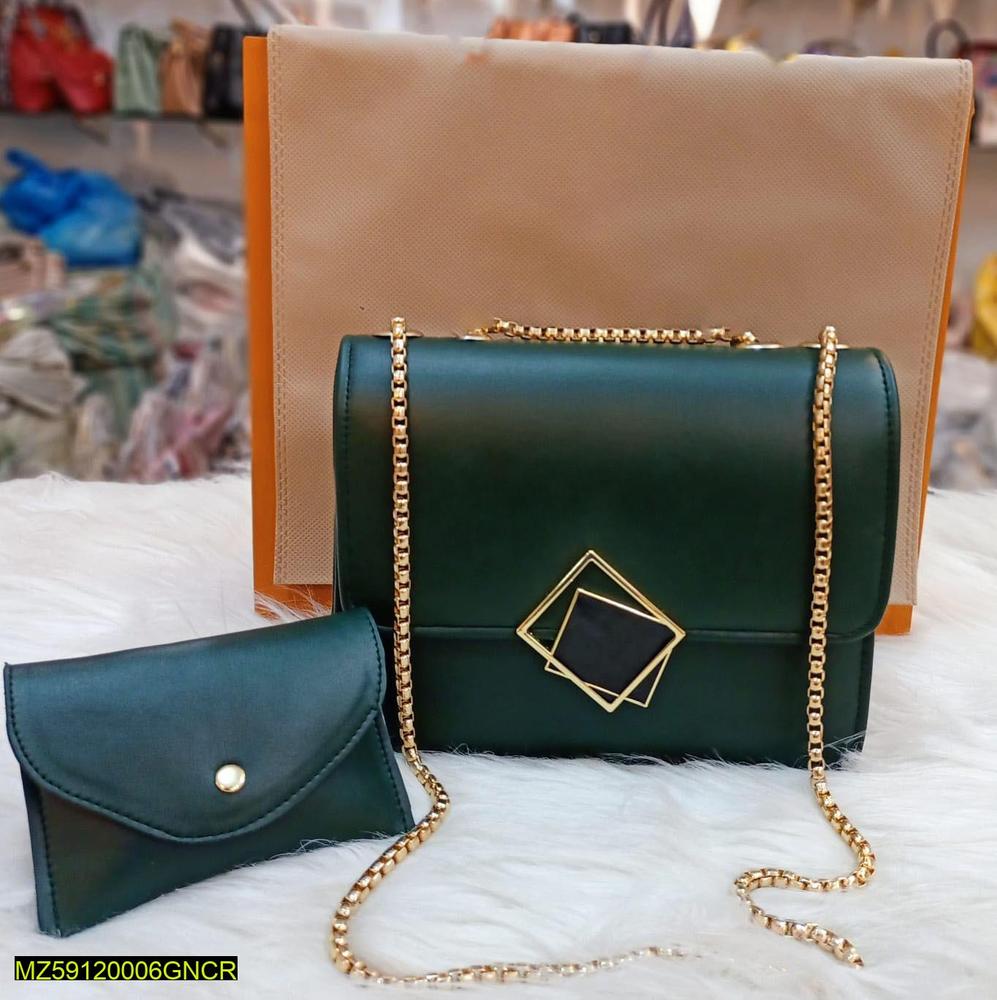 2 pcs leather handbag with long golden chain for girls