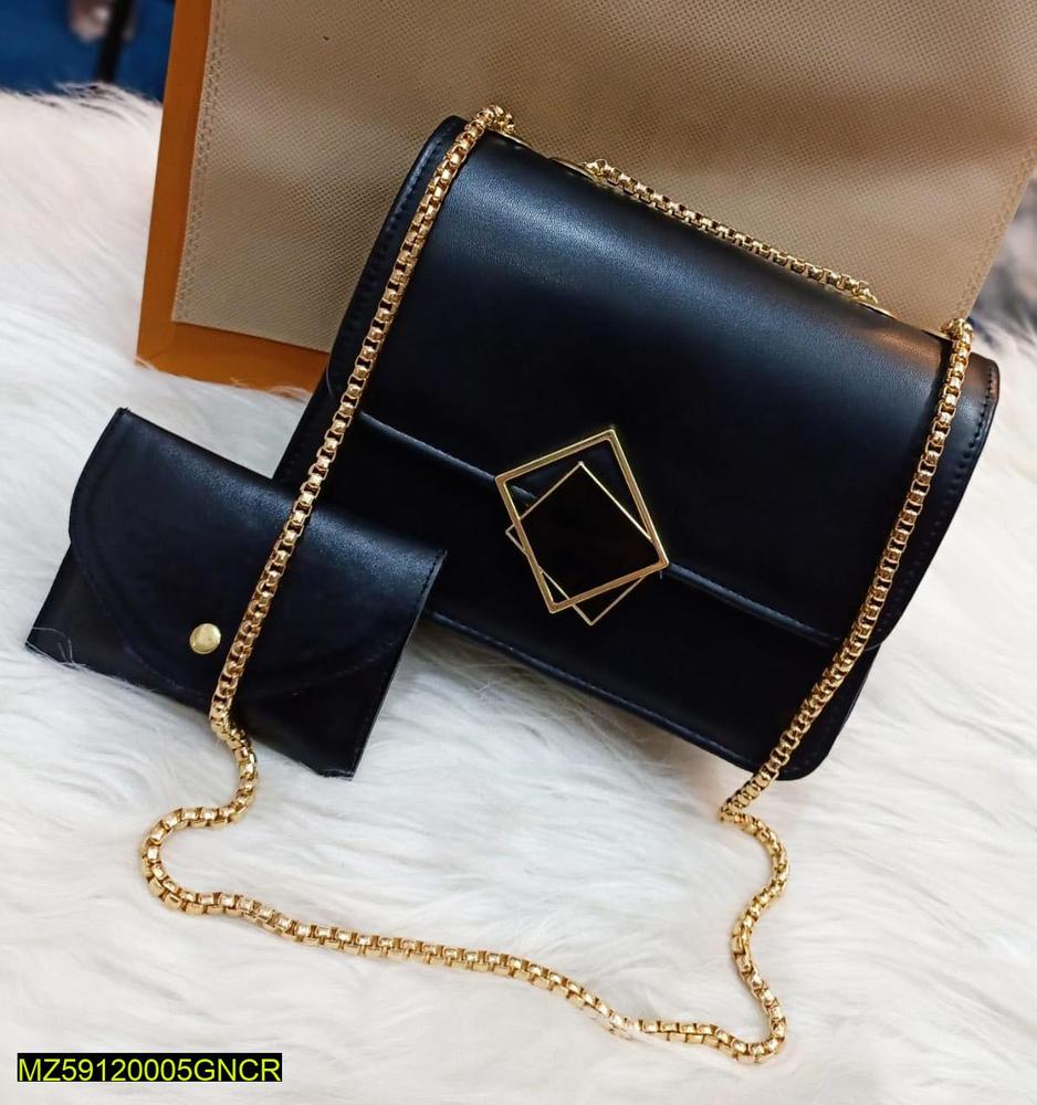 2 pcs leather handbag with long golden chain for girls