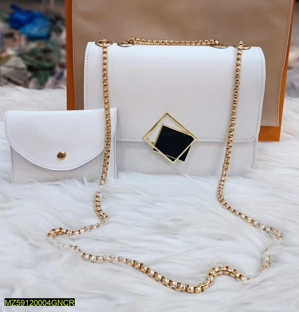 2pcs leather handbag with long golden chain for girls