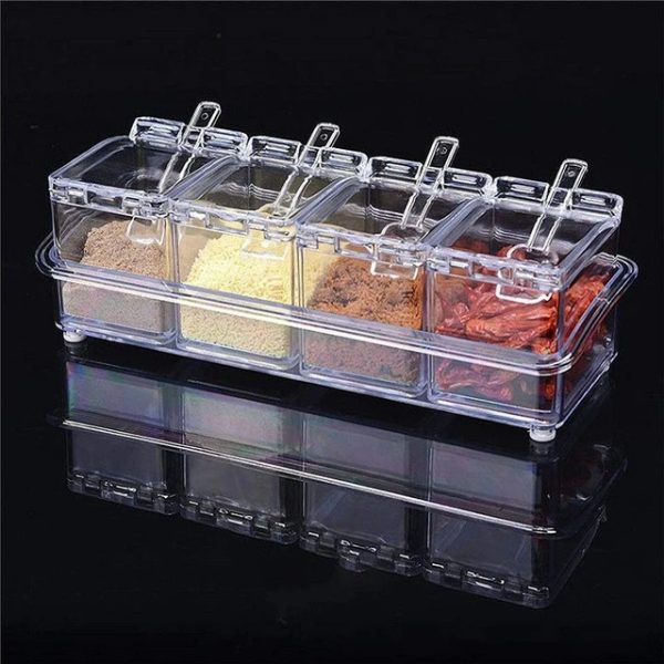 4 In1 Clear Seasoning Box Crystal Seasoning Storage Container With Spoon Clear Seasoning Rack Spice Pots For Pepper Spice